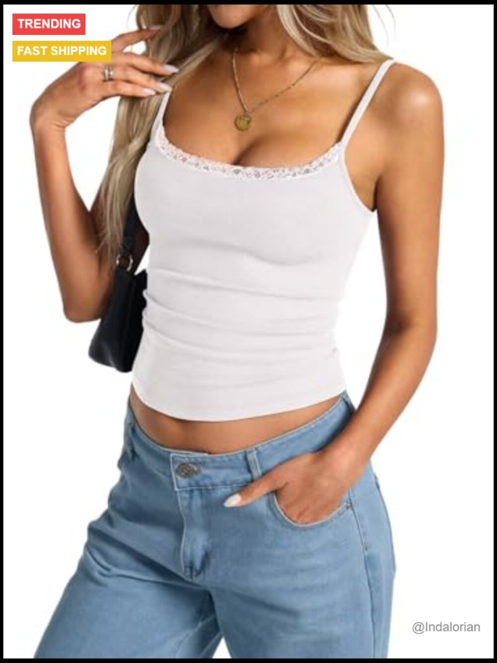 Lace Trim Camisole Top with Adjustable Spaghetti Straps, Square Neck - Picture 3 of 7